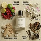 Perfume bottle labeled 'REBEL' surrounded by fruits, flowers, and spices on a textured beige background.