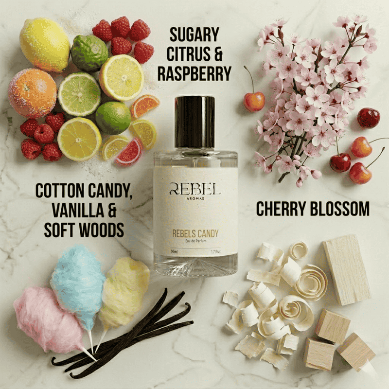 Perfume bottle labeled 'Rebel Aroms' surrounded by fruits, flowers, and cotton candy on a marble surface.