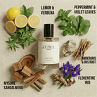 Perfume bottle labeled 'REBEL' surrounded by lemons, leaves, and other natural elements on a textured background.