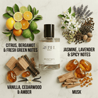 Perfume bottle with ingredients and notes on a light background