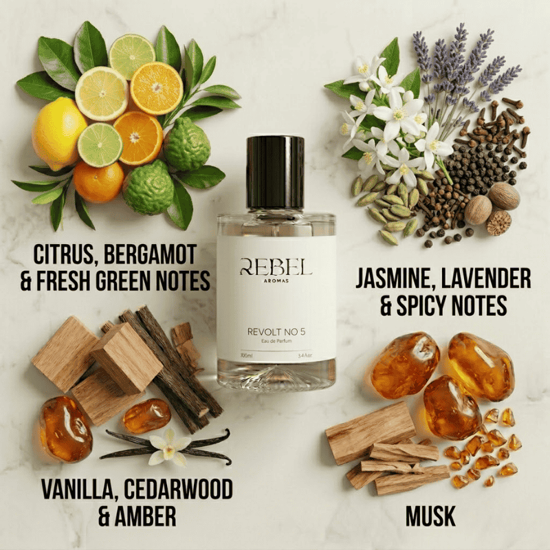 Perfume bottle with ingredients and notes on a light background