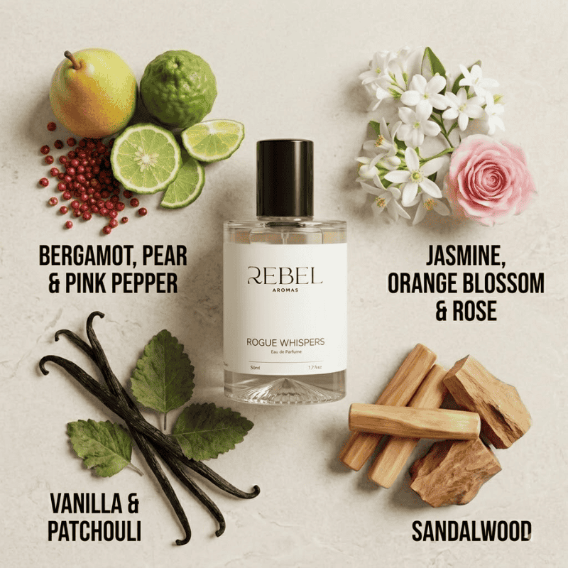 Perfume bottle labeled 'Rebel Aromas' surrounded by flowers, fruits, and spices on a light background