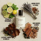 Rebel Aromas perfume bottle with natural elements and text describing fragrance notes on a light background