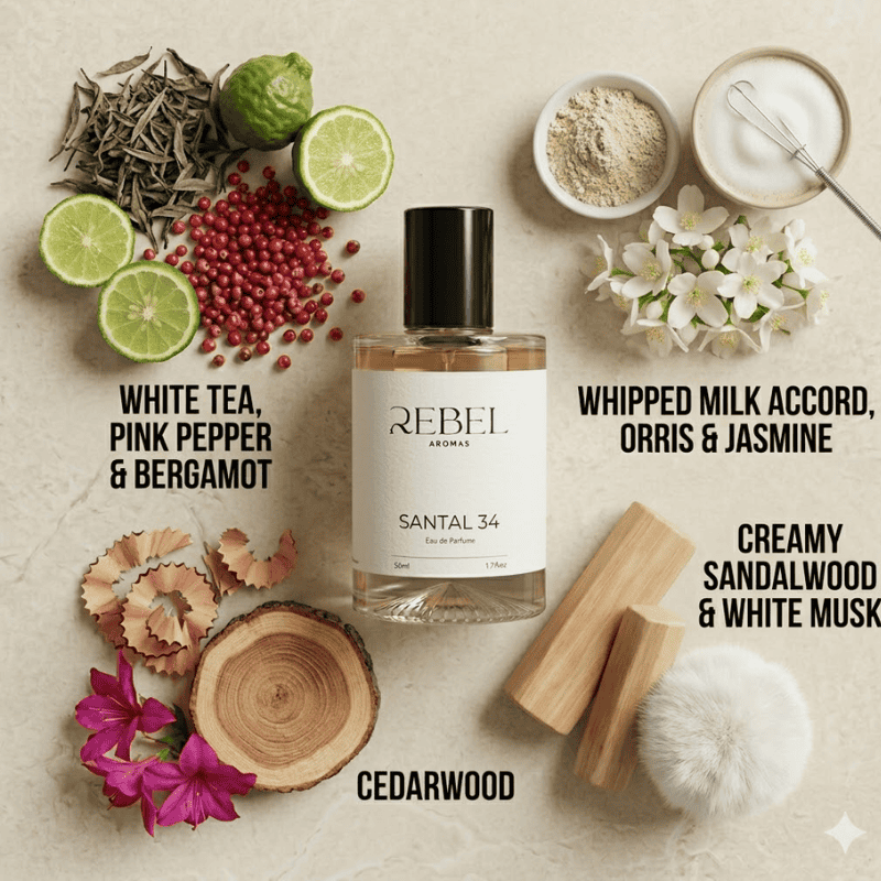 Perfume bottle labeled 'Santal 34' by Rebel Aromas with natural elements on a beige background