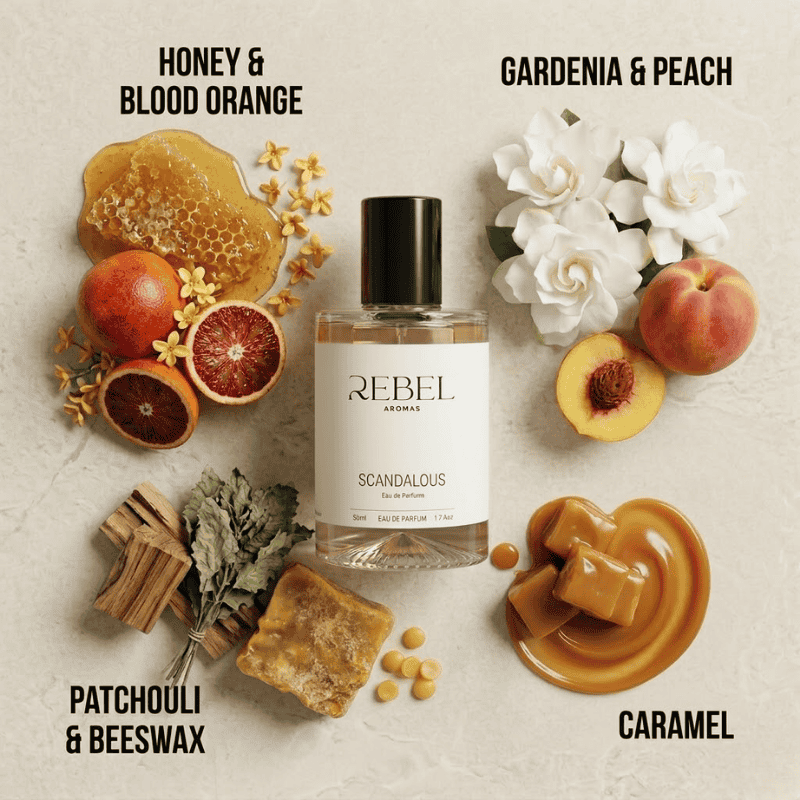 Rebel Aromas Scandalous perfume bottle surrounded by honey, blood orange, gardenia, peach, patchouli, and beeswax on a textured beige background.