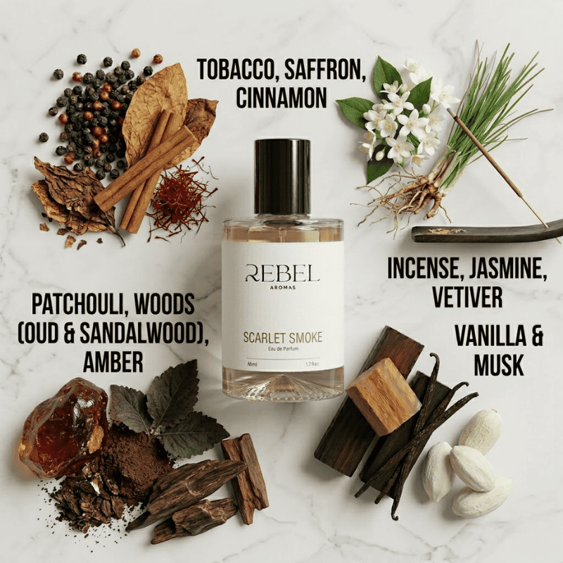 Perfume bottle labeled 'Rebel Aromas Scarlet Smoke' surrounded by spices and herbs on a marble surface.