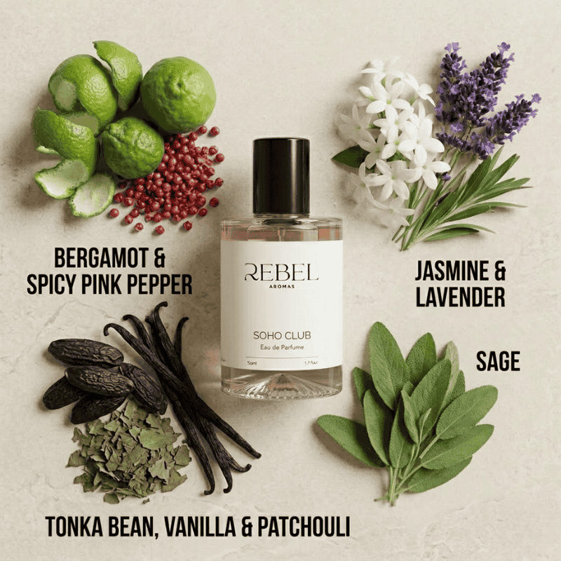 Perfume bottle labeled 'REBEL Aromas' surrounded by essential oils and flowers on a light background