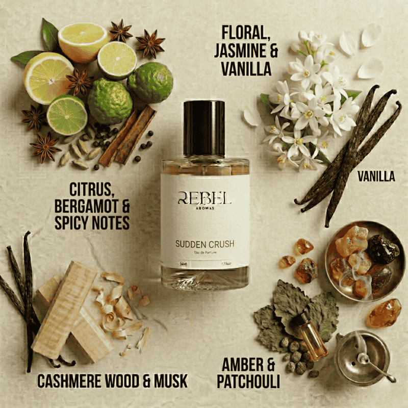 Perfume bottle labeled 'Rebel Aroms' surrounded by floral, spice, and vanilla elements on a textured background.