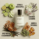 Perfume bottle labeled 'Rebel' with scents listed around it on a textured surface.