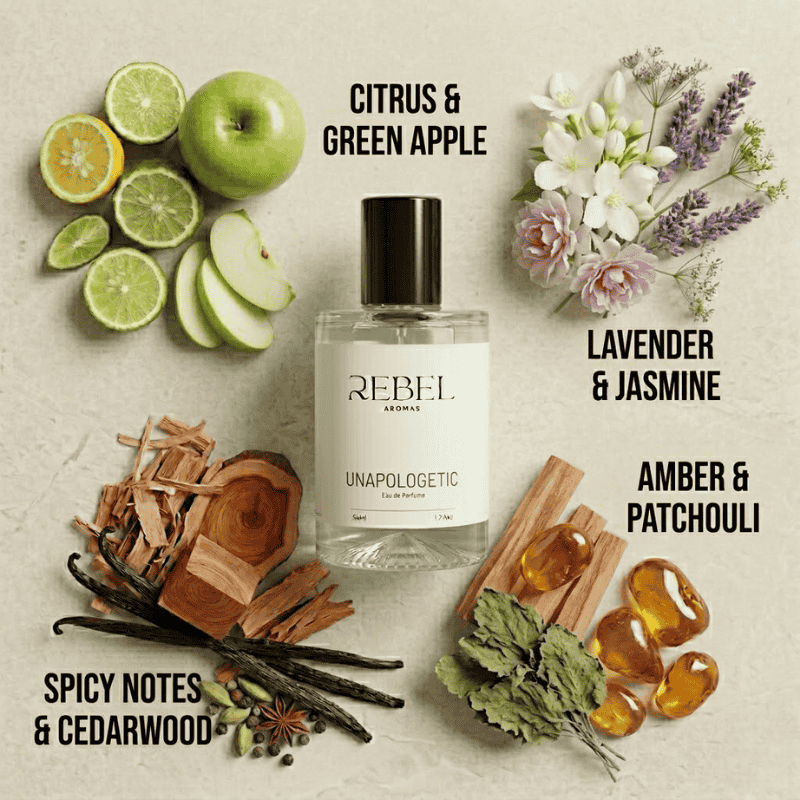 Perfume bottle labeled 'Rebel' with scents listed around it on a textured surface.