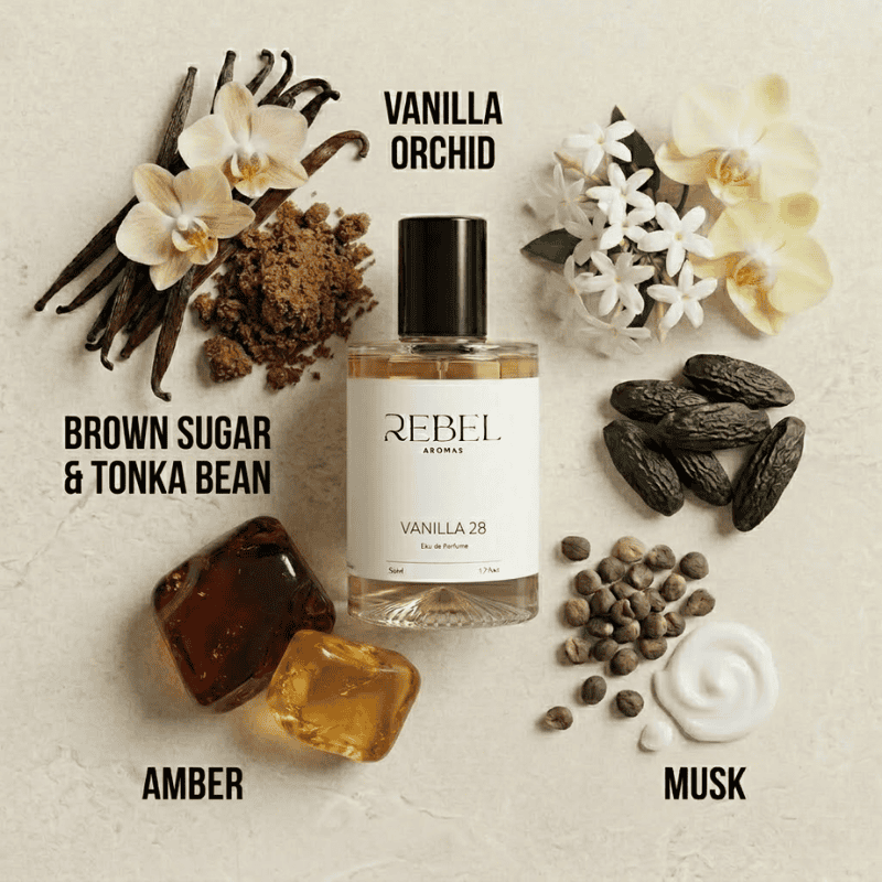 Perfume bottle labeled 'Vanilla 28' by Rebel Aromas with vanilla beans, orchids, tonka beans, and other ingredients on a light background.