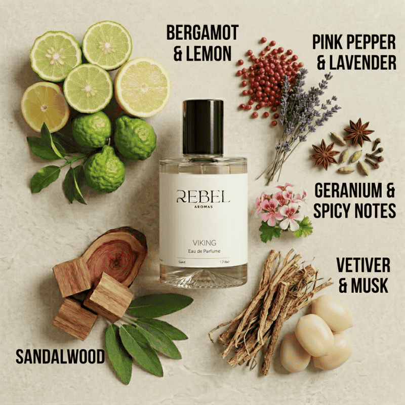 Perfume bottle labeled 'Rebel Aromas' surrounded by natural elements and notes on a light background