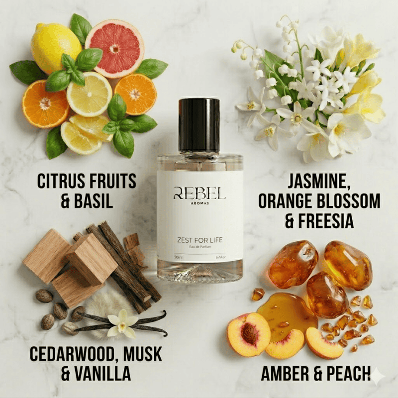 Perfume bottle labeled 'Zest for Life' by Rebel Aromas with floral, fruit, and wood elements on a marble background.