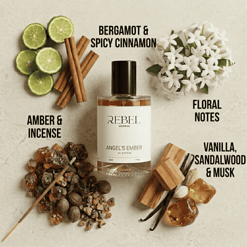 Perfume bottle labeled 'Angel's Ember' by Rebel Aromas with ingredients like limes, cinnamon, and vanilla on a textured surface.