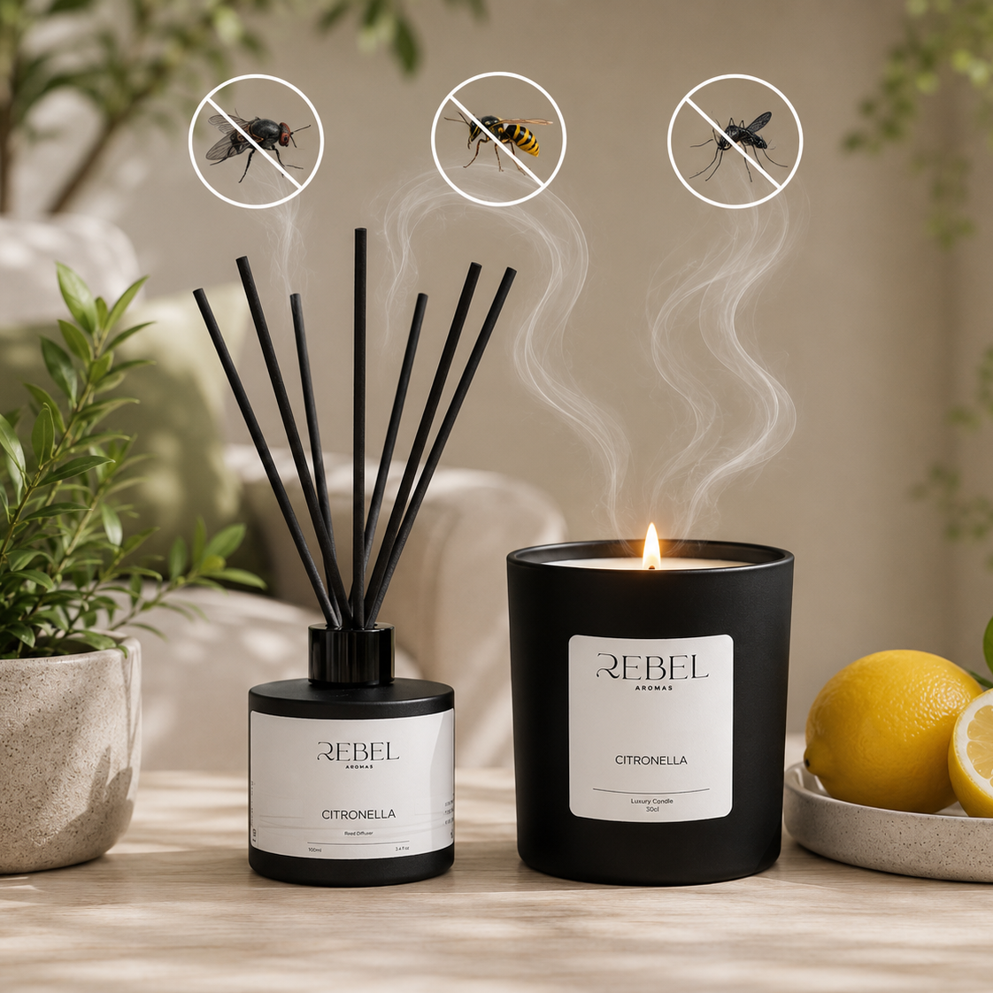 Rebel Citronella candle and diffuser with lemons on a table, surrounded by plants.

