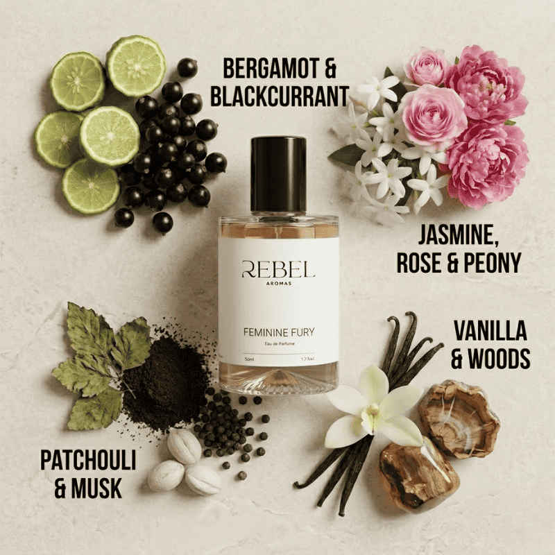 Rebel Aromas Feminine Fury perfume bottle surrounded by flowers, fruits, and leaves on a textured surface.
