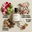 Perfume bottle labeled 'Fortune' by Rebel Aromas with floral and wooden elements on a textured background.