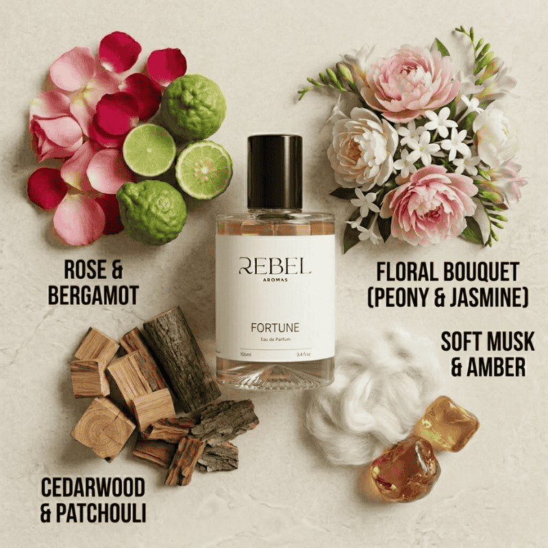 Perfume bottle labeled 'Fortune' by Rebel Aromas with floral and wooden elements on a textured background.