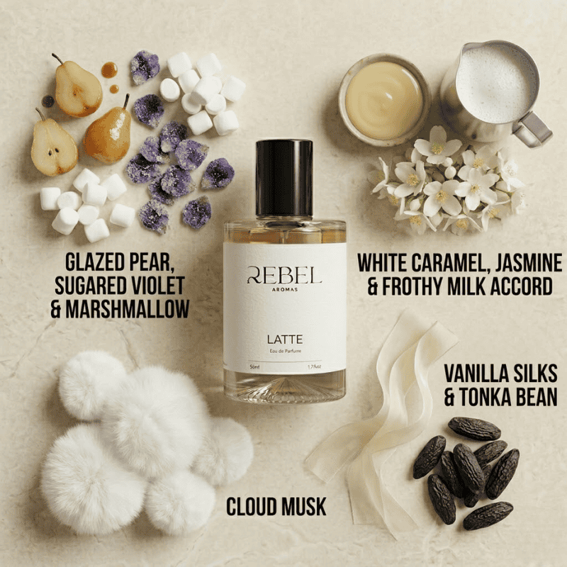 Perfume bottle labeled 'Rebel Aromas Latte' surrounded by ingredients and scents on a neutral background