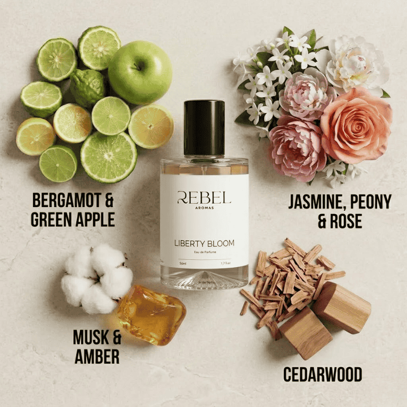 Perfume bottle labeled 'Liberty Bloom' surrounded by fruits, flowers, and wood pieces with descriptive text on a light background.