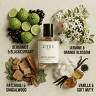 Rebel Aromas perfume bottle with botanical elements and scents labeled on a textured background