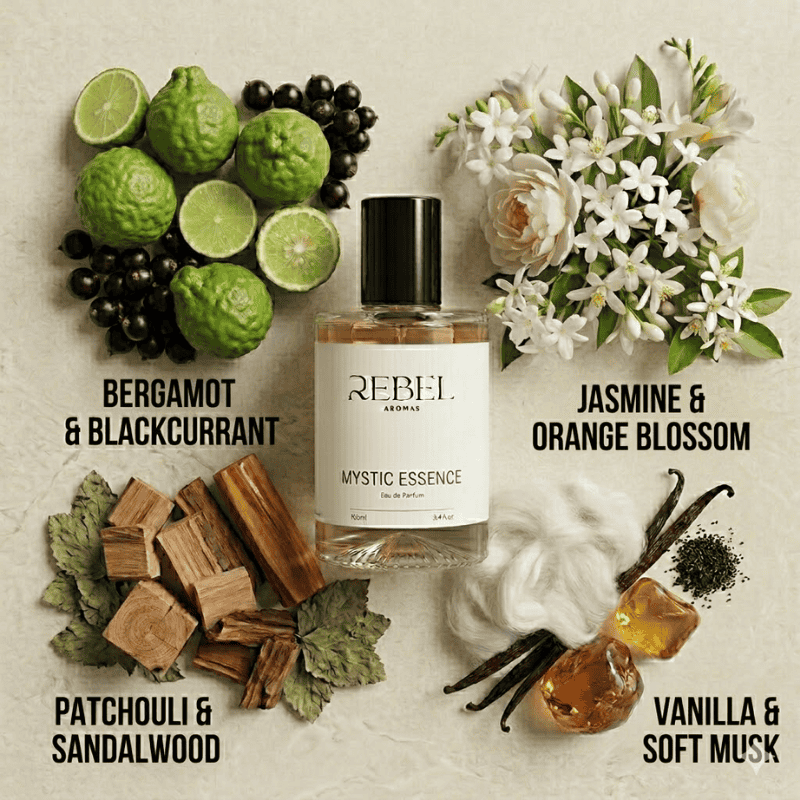 Rebel Aromas perfume bottle with botanical elements and scents labeled on a textured background