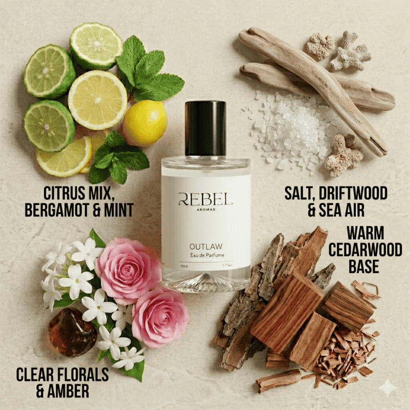 Perfume bottle labeled 'Rebel' with natural elements like citrus fruits, flowers, and wood on a textured background.