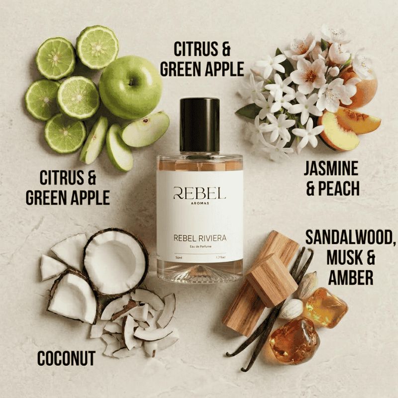 Perfume bottle labeled 'Rebel' surrounded by fruits and flowers on a textured surface