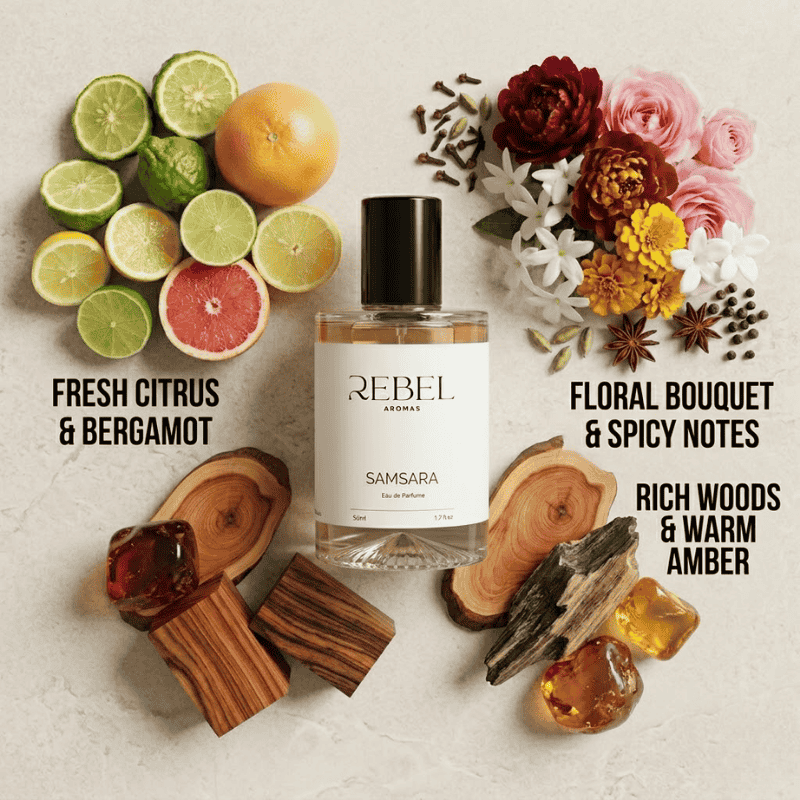Perfume bottle labeled 'Samsara' by Rebel Aromas with floral, citrus, and wood elements on a textured surface.