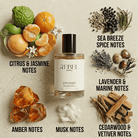 Perfume bottle labeled 'Rebel Aromas' with notes displayed around it on a textured beige background