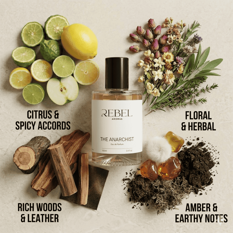 Perfume bottle labeled 'Rebel Aromas' surrounded by citrus fruits, flowers, wood, and amber on a textured background.