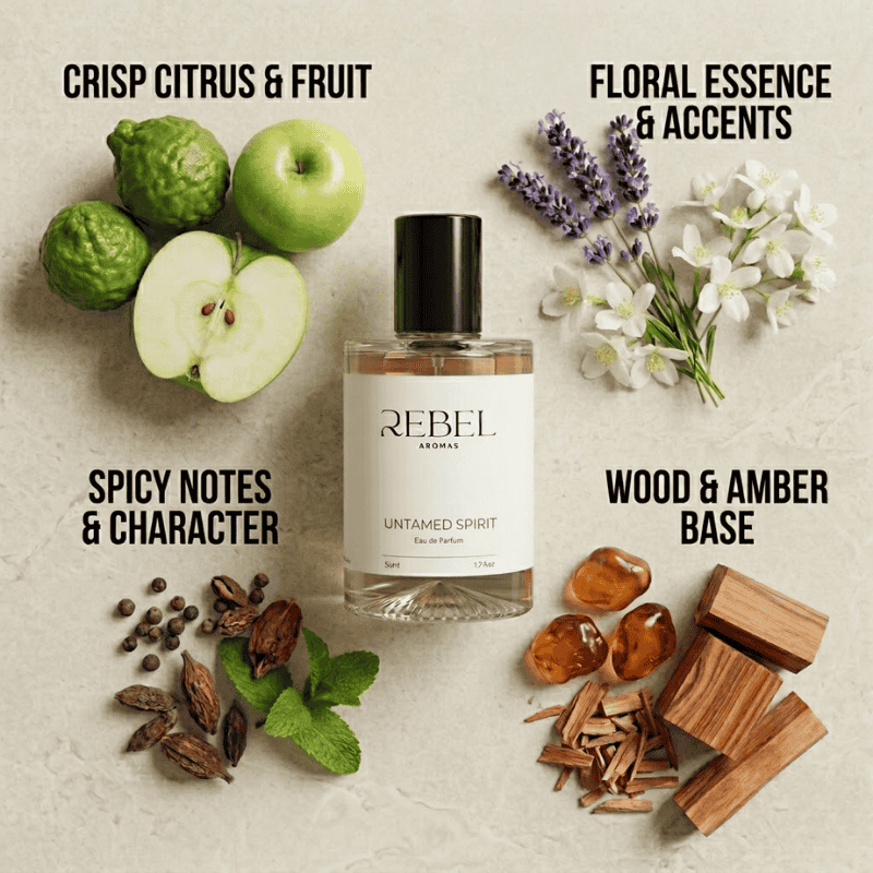 Perfume bottle labeled 'Rebel Aromas' with natural elements representing fragrance notes on a light background.