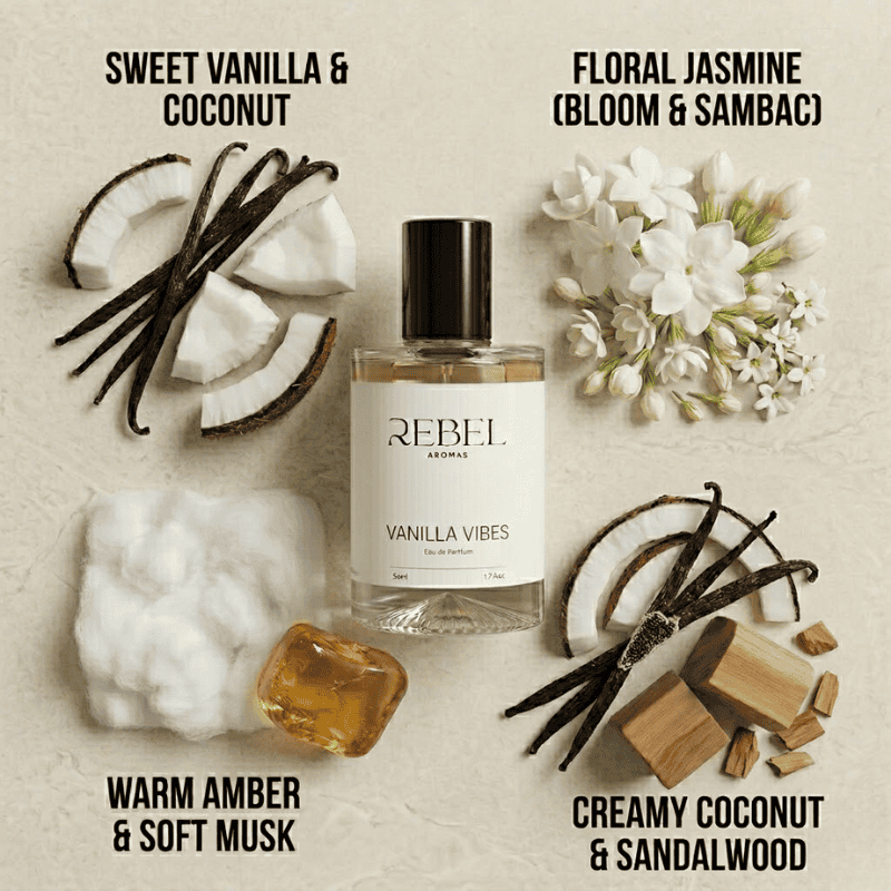 Perfume bottle labeled 'Rebel Aromas Vanilla Vibes' surrounded by vanilla beans, coconut pieces, and jasmine flowers on a beige background.